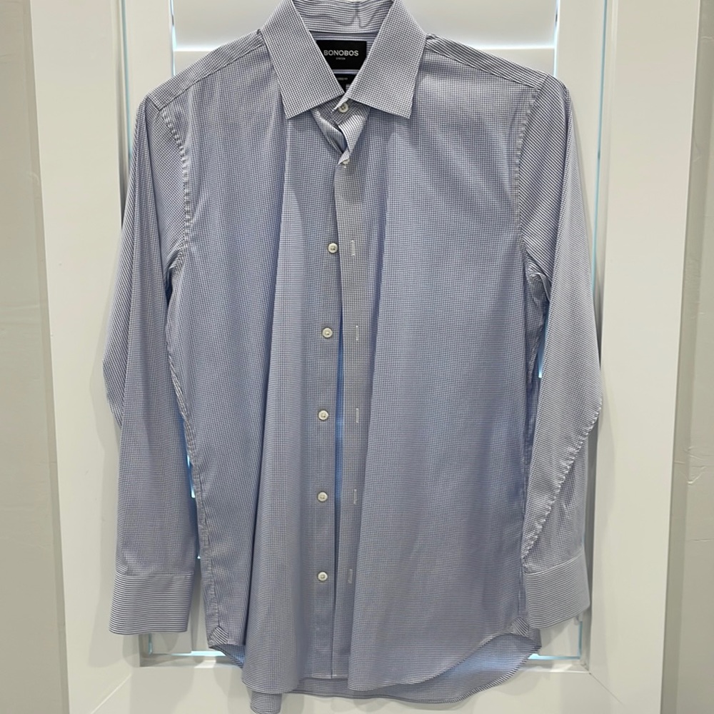 Bonobos Mens Dress shirt. White with navy. Size 16 / 34 tailored fit.